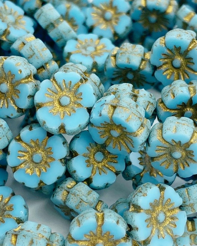 9mm Hibiscus Flower- Sky Blue Etched Gold