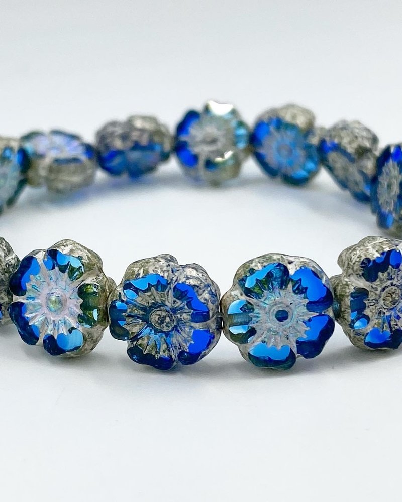 9mm Hibiscus Flower- Sapphire Sky Blue Silver Etched AB