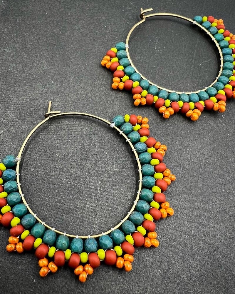 Jewelry Beaded Hoop Earrings- Turquoise Rust
