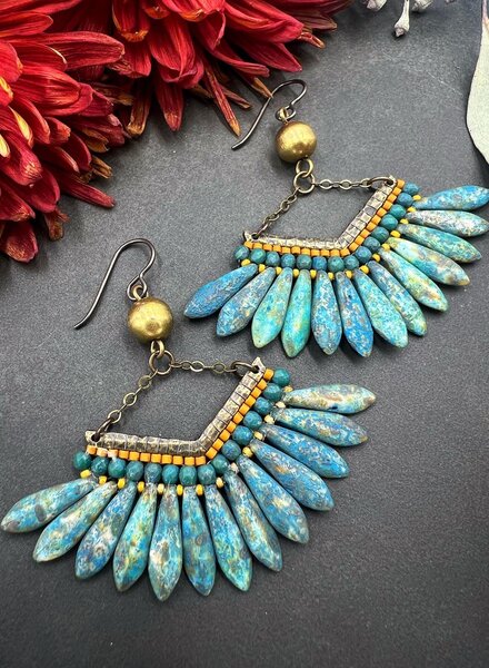 Jewelry Rustic Fan Earrings- Turquoise Mustard