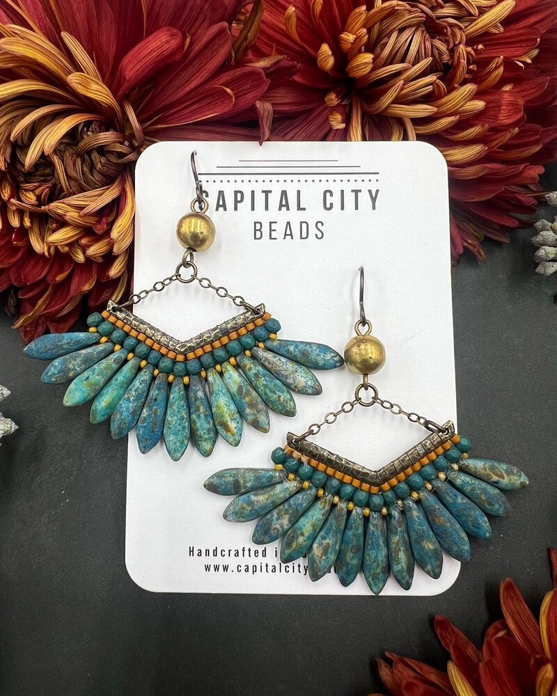 Jewelry Rustic Fan Earrings- Turquoise Mustard