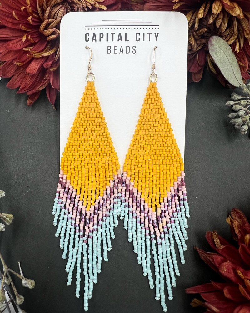 Jewelry Large Beaded Fringe Earrings- Yellow Ocean Mist