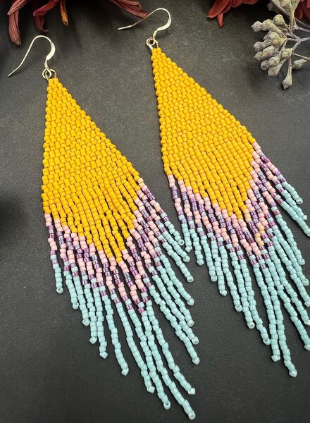 Jewelry Large Beaded Fringe Earrings- Yellow Ocean Mist