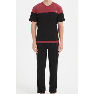Ven Dave Ven Dave Mens V-Neck Mens Knit Short Sleeve Pajamas - Maroon & Black - S05 -