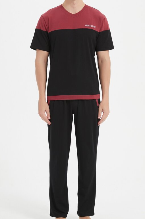 Ven Dave Ven Dave Mens V-Neck Mens Knit Short Sleeve Pajamas - Maroon & Black - S05 -