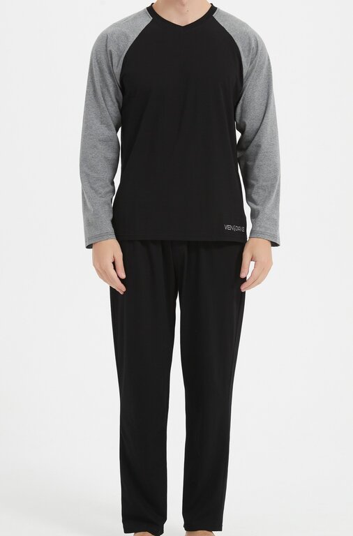 Ven Dave Ven Dave V-Neck Knit Pajamas - Black & Grey - V06 -