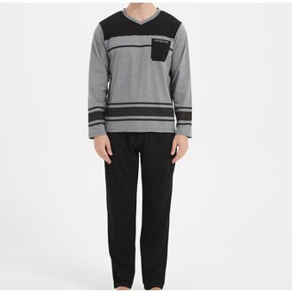 Ven Dave Ven Dave V-Neck Knit Pajamas - Black & Grey Lines - V09 -