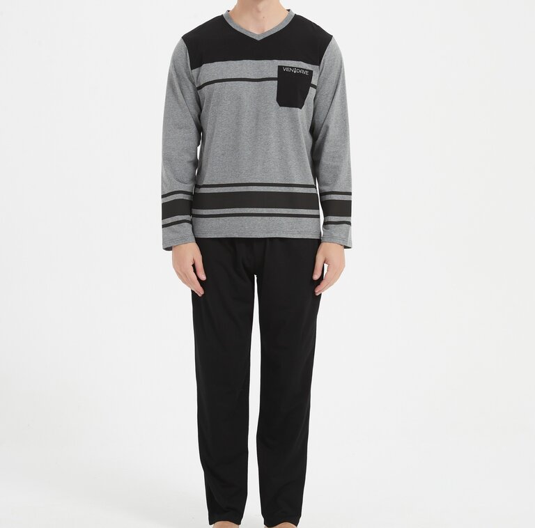 Ven Dave Ven Dave V-Neck Knit Pajamas - Black & Grey Lines - V09 -