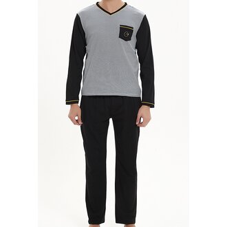 Ven Dave Ven Dave V-Neck Knit Pajamas - Black & Yellow Stripe - V10 -