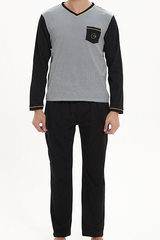 Ven Dave Ven Dave V-Neck Knit Pajamas - Black & Yellow Stripe - V10 -
