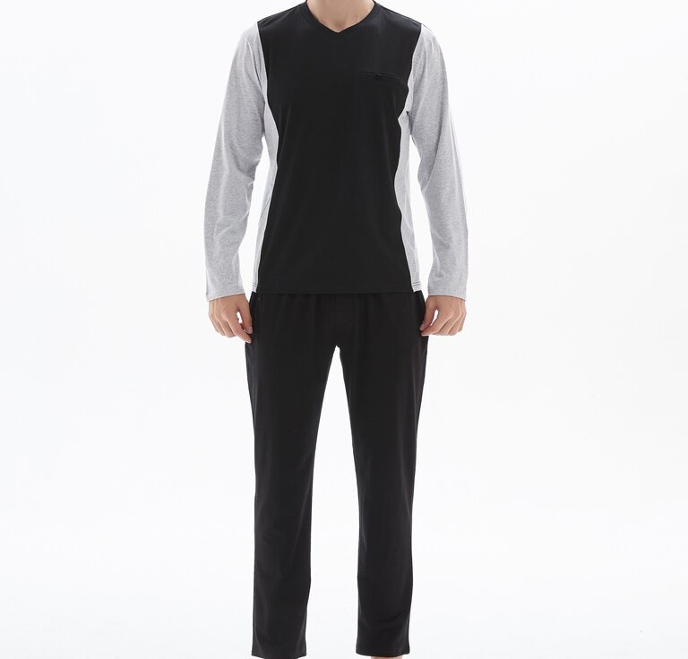 Ven Dave Ven Dave V-Neck Knit Pajamas - Black & Light Grey - V05 -
