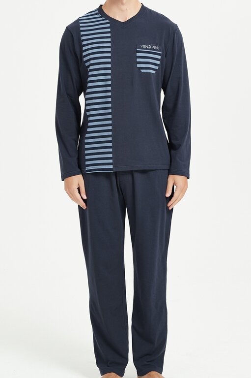 Ven Dave Ven Dave Mens V-Neck Mens Knit Pajamas - Navy & Blue- V13 -