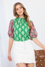 Floral Print Puff Sleeve Embroidered Top Coral