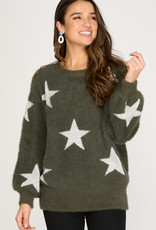 Bubble Sleeve Fuzzy Star Sweater