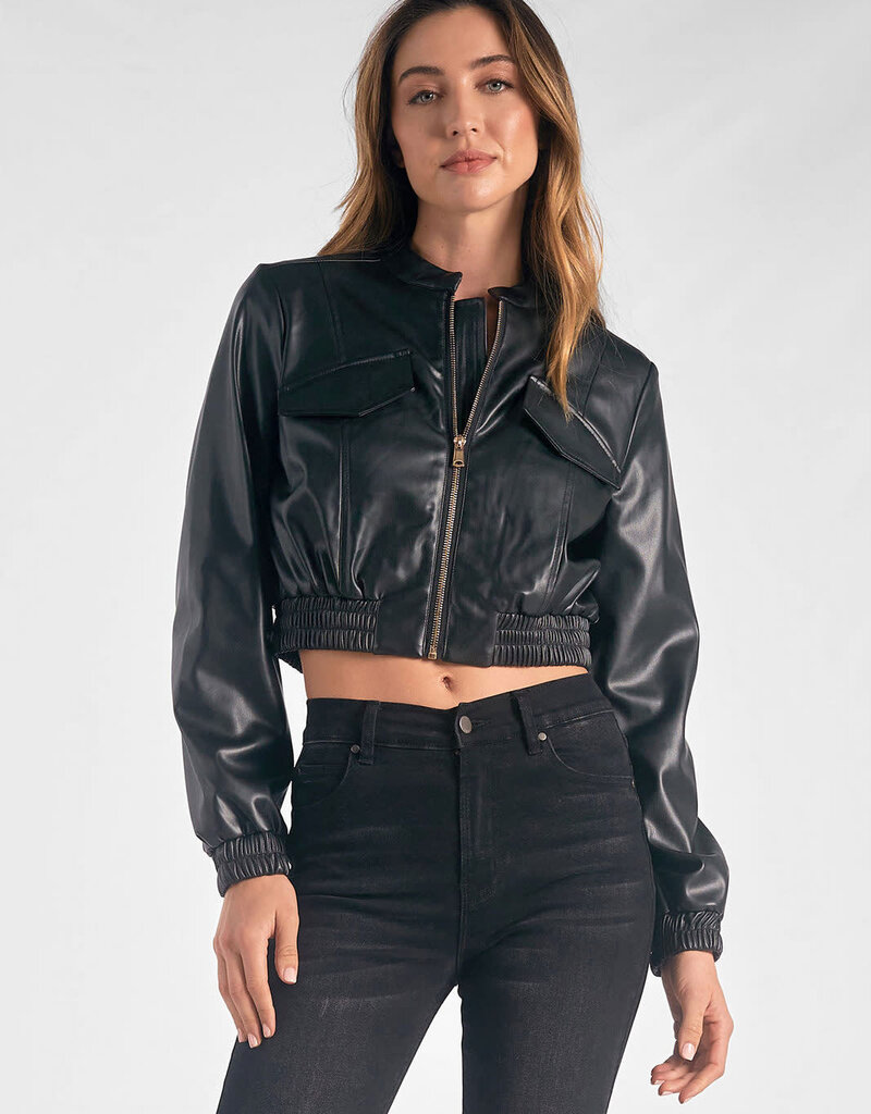 Women's Black Print Bomber Jacket, White Turtleneck, Black Leather