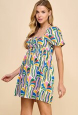 Abstract Print Bubble Sleeve Babydoll Dress