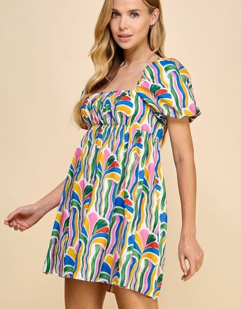 Abstract Print Bubble Sleeve Babydoll Dress