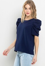 Woven Round Neck Top Puff Sleeve