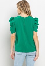 Woven Round Neck Top Puff Sleeve