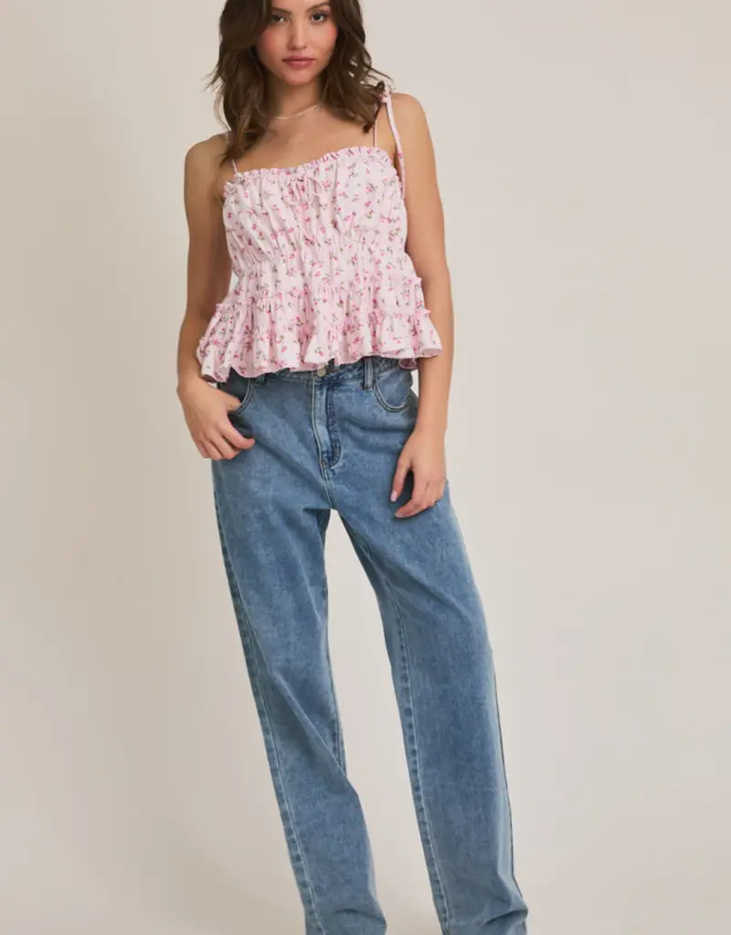 Tie Shoulder Strap Ruffle Babydoll Floral Top