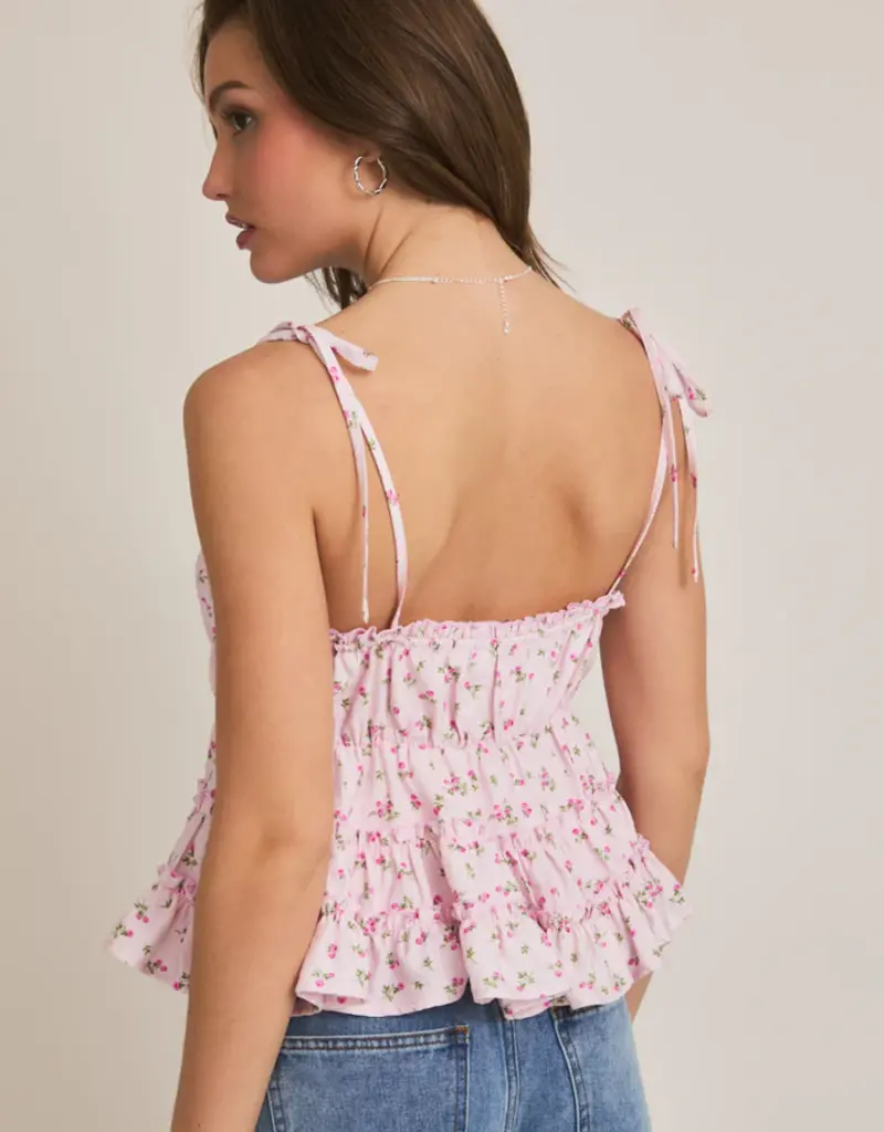 Tie Shoulder Strap Ruffle Babydoll Floral Top