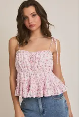 Tie Shoulder Strap Ruffle Babydoll Floral Top