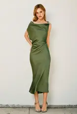 Dull Satin Off The Shoulder Ruched Midi Dress