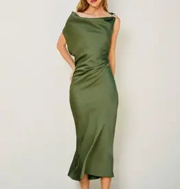 Dull Satin Off The Shoulder Ruched Midi Dress