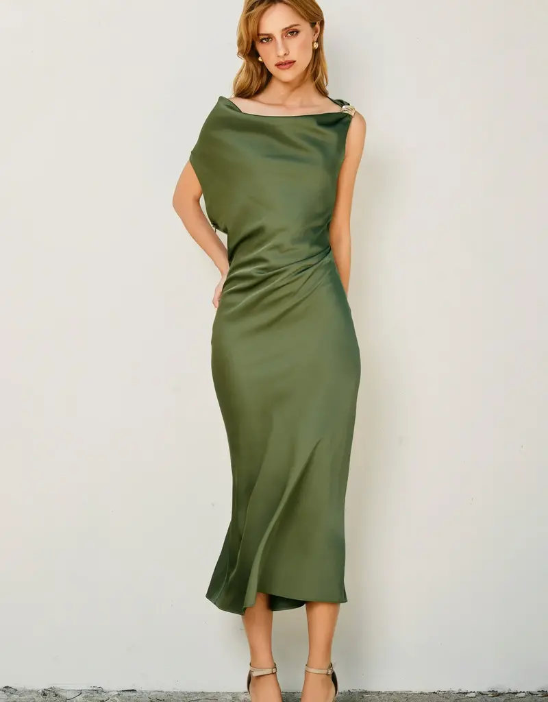 Dull Satin Off The Shoulder Ruched Midi Dress