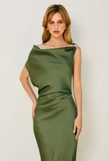 Dull Satin Off The Shoulder Ruched Midi Dress