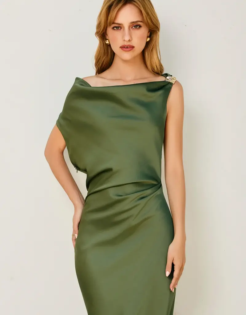 Dull Satin Off The Shoulder Ruched Midi Dress