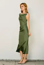 Dull Satin Off The Shoulder Ruched Midi Dress