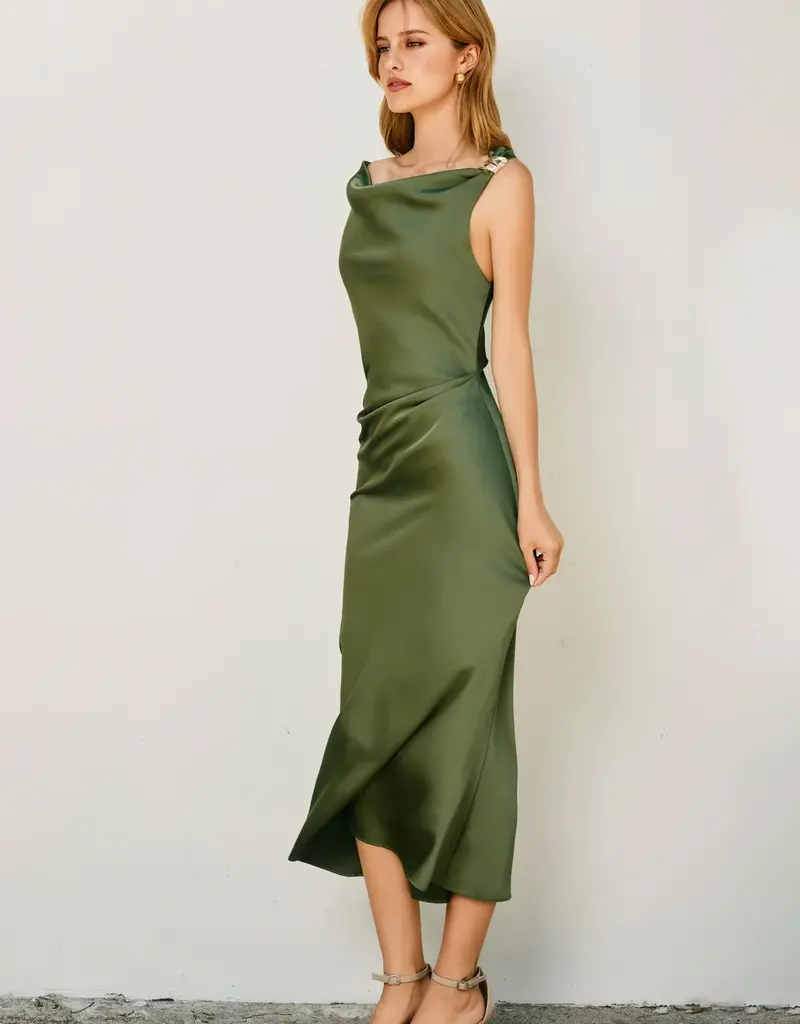 Dull Satin Off The Shoulder Ruched Midi Dress