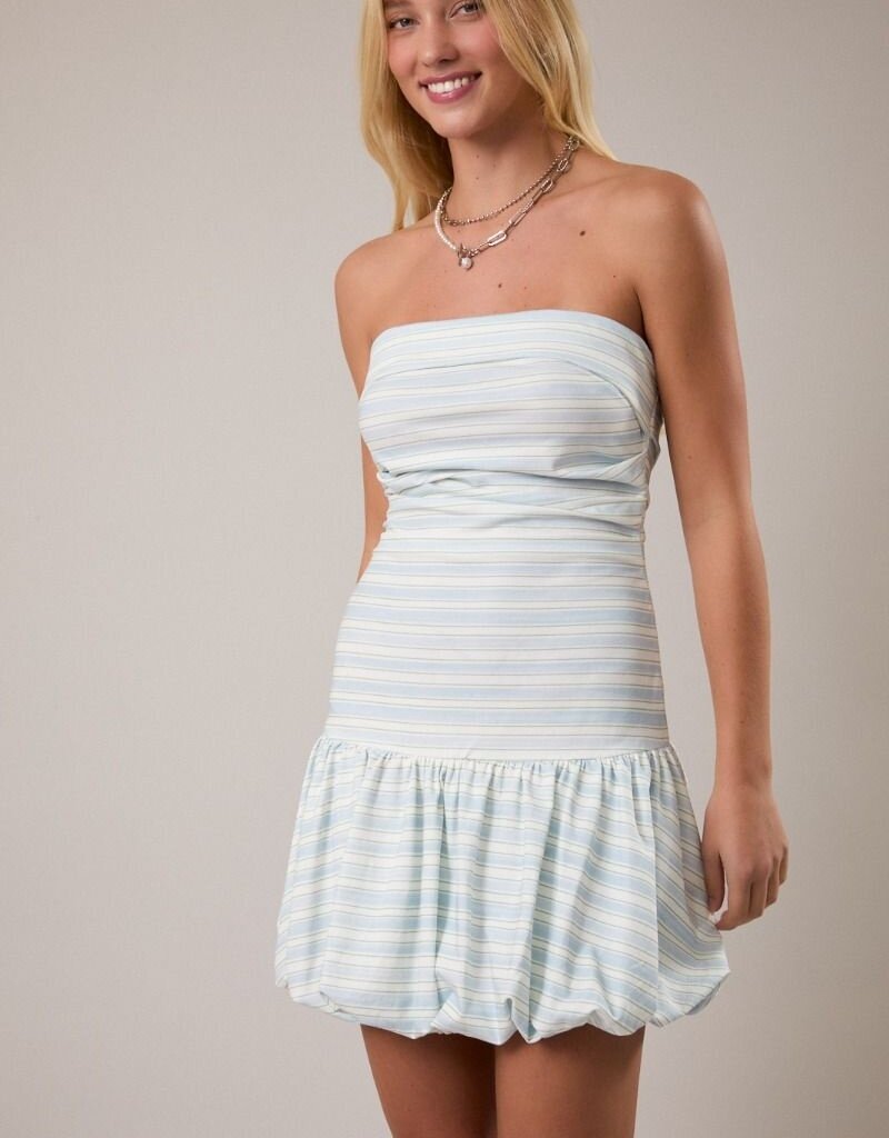 Strapless Bubble Hem Stripe Mini Dress