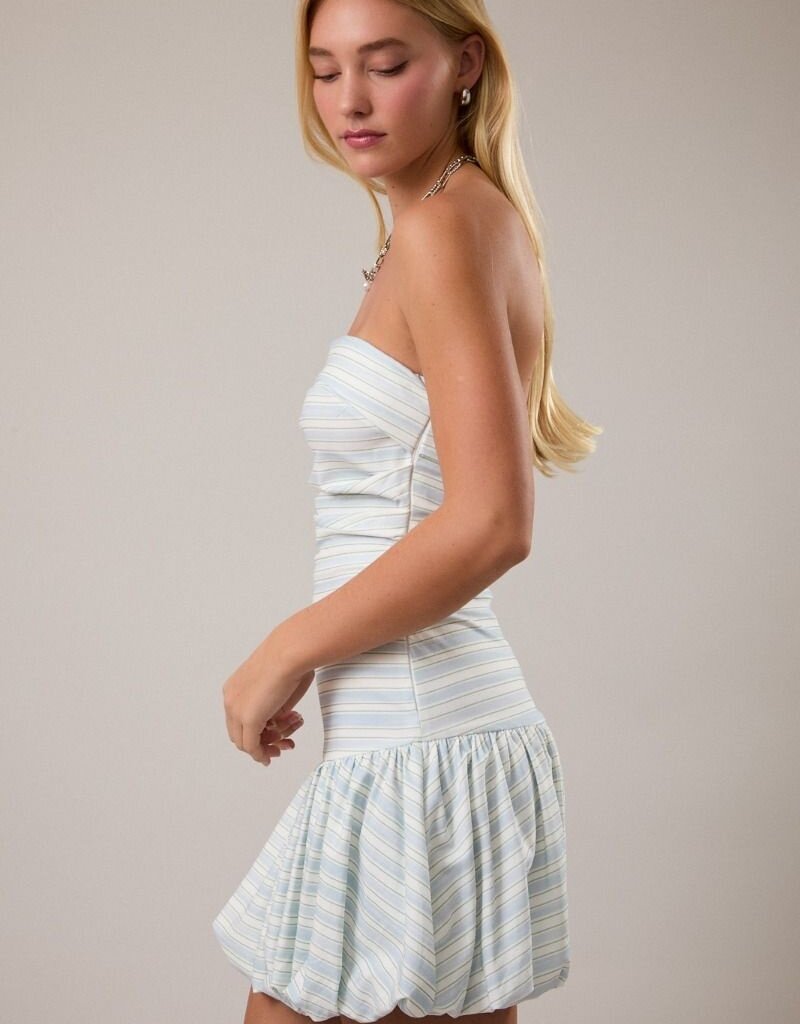Strapless Bubble Hem Stripe Mini Dress