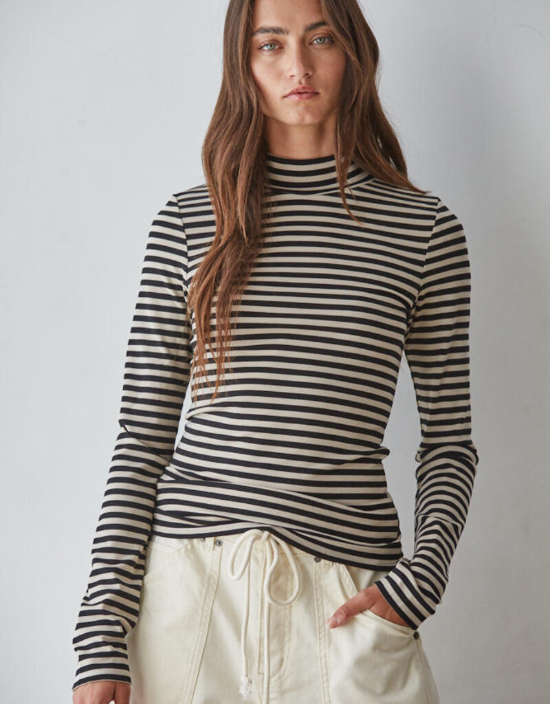Striped Knit LS Mock Neck Top
