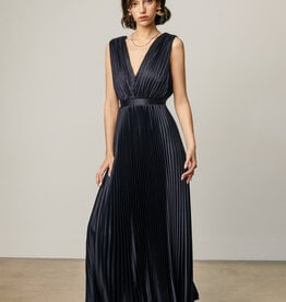 Pleated Satin V Neck Maxi Dress
