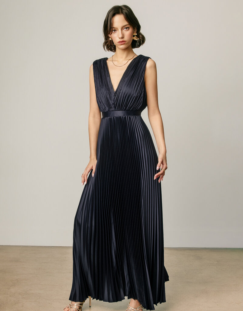 Pleated Satin V Neck Maxi Dress