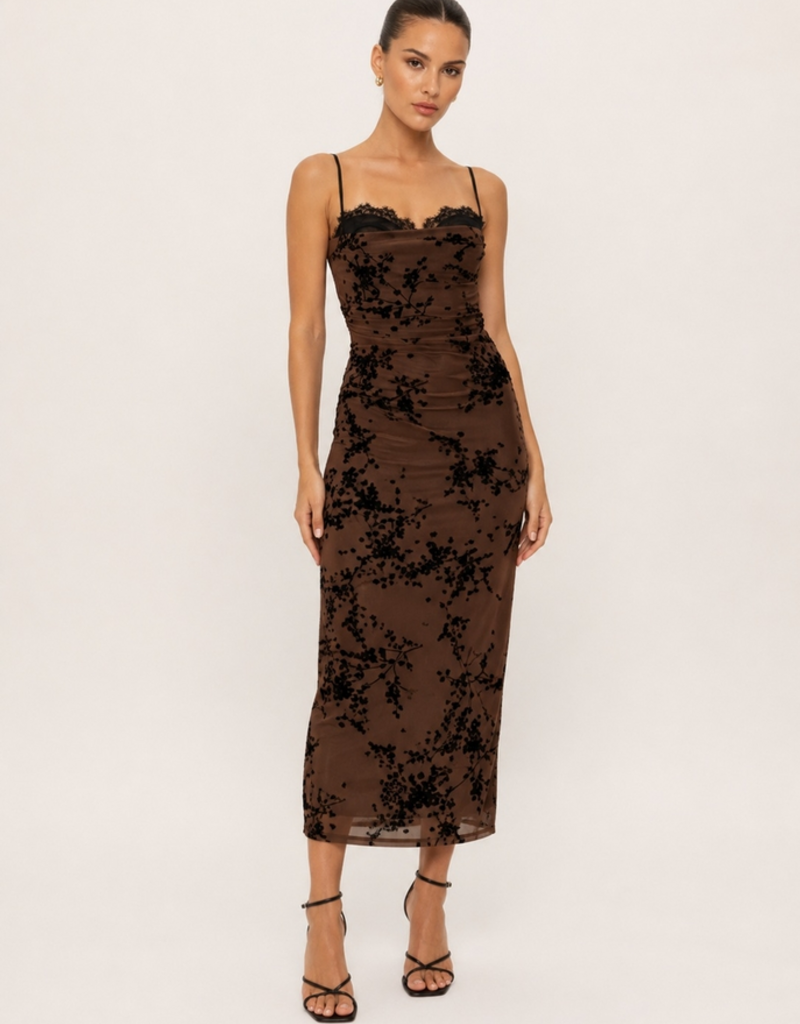 Lace Burn Out Velvet Floral Mesh Midi Dress