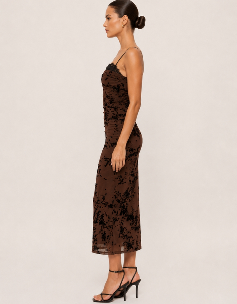 Lace Burn Out Velvet Floral Mesh Midi Dress