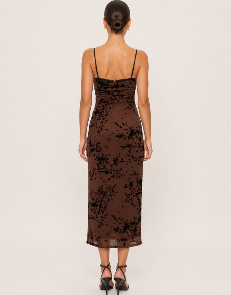 Lace Burn Out Velvet Floral Mesh Midi Dress
