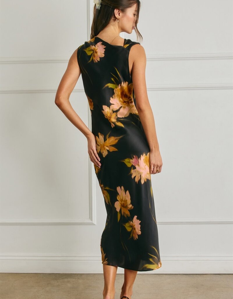 Floral Satin Metal Trim Ruched Dress