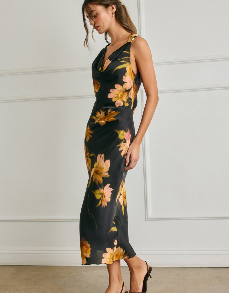 Floral Satin Metal Trim Ruched Dress