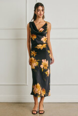 Floral Satin Metal Trim Ruched Dress