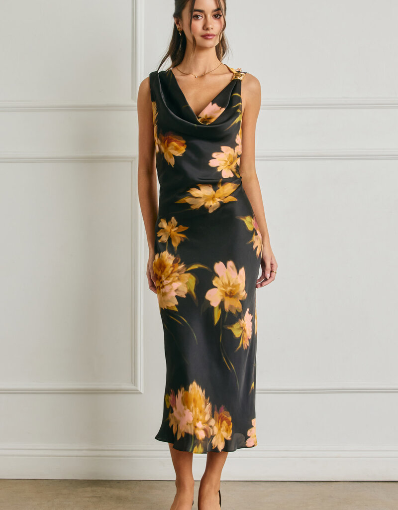Floral Satin Metal Trim Ruched Dress