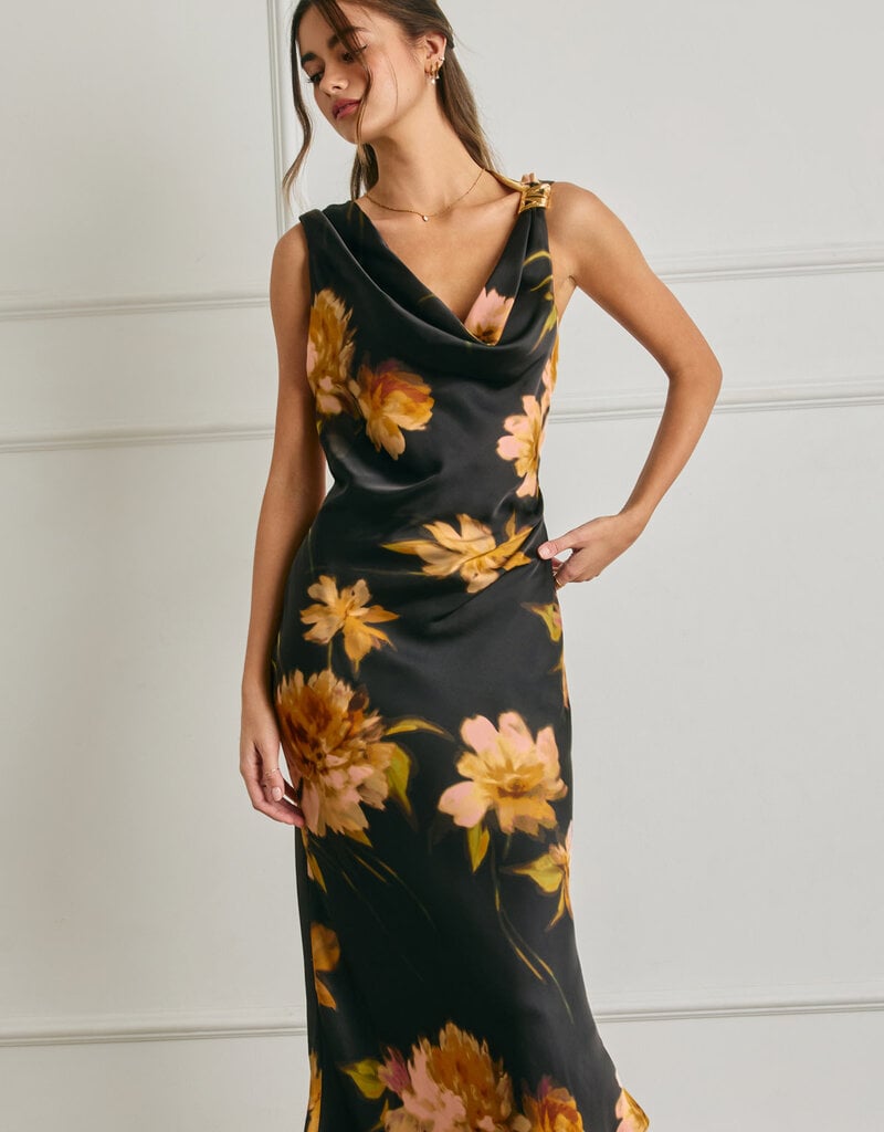 Floral Satin Metal Trim Ruched Dress