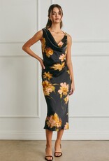 Floral Satin Metal Trim Ruched Dress
