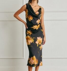 Floral Satin Metal Trim Ruched Dress
