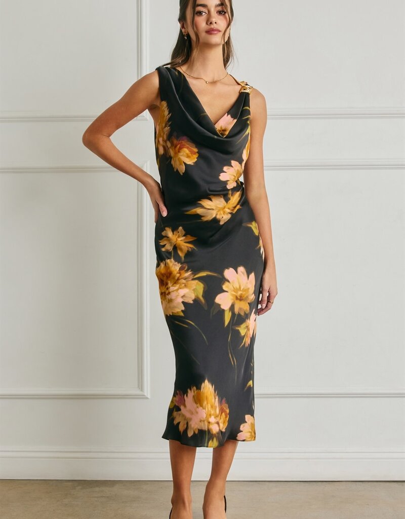 Floral Satin Metal Trim Ruched Dress