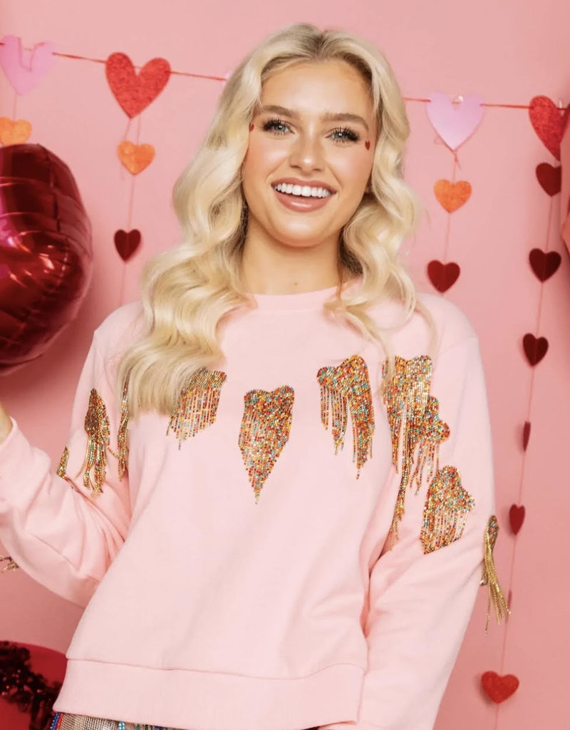 QOS Pink Fringe Heart Sweatshirt
